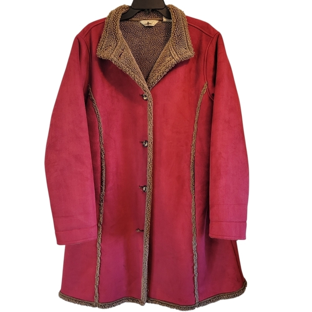 L.L. Bean Red Faux Suede Brown Sherpa Long Coat